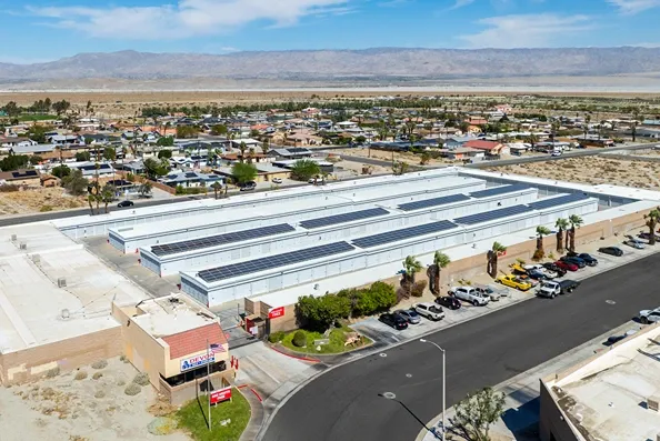 Aerial view of Devon Self Storage facility with solar panels and multiple drive-up unit buildings